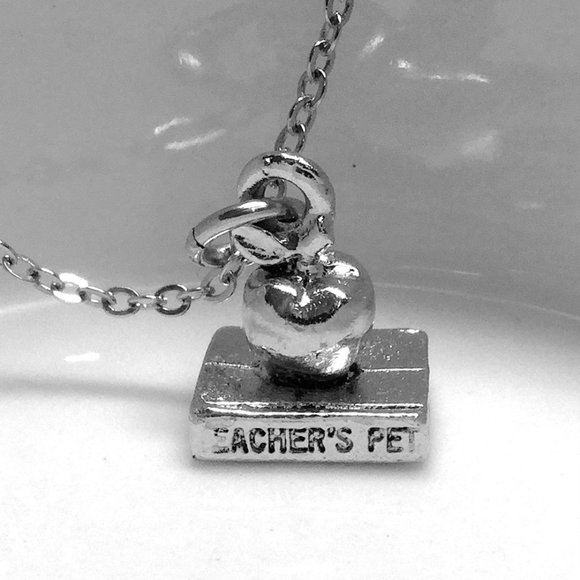 Miniature Teacher's Pet Apple Stamp Trophie Graduation Charm Gift Necklace - Picture 1 of 2